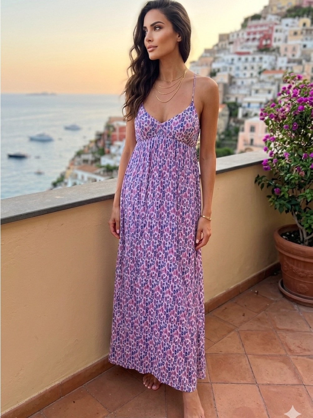 Aspiga Purple Leopard Maxi Dress - Size L - 100% Viscose Boho